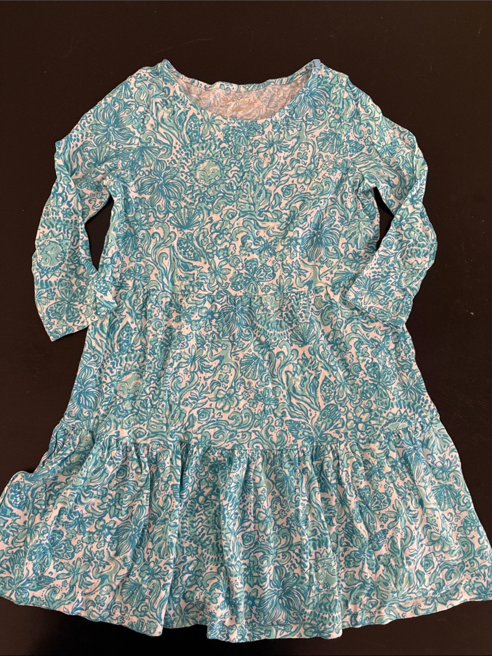 Lilly Pulitzer Girls' Teal Floral 3/4 length Sleeve Tiered Dress 8/10 large